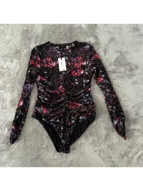 NWT Ted Baker Long Sleeve Floral Cheetah Bodysuit 3 LARGE Black Ruched